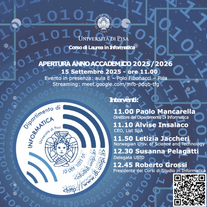Locandina dell'evento di apertura dell'anno accademico 2025/2026,15 settembre 2025, ore 11:00, in Aula E, alle ore 11:00. È possibile anche seguirlo in streaming.